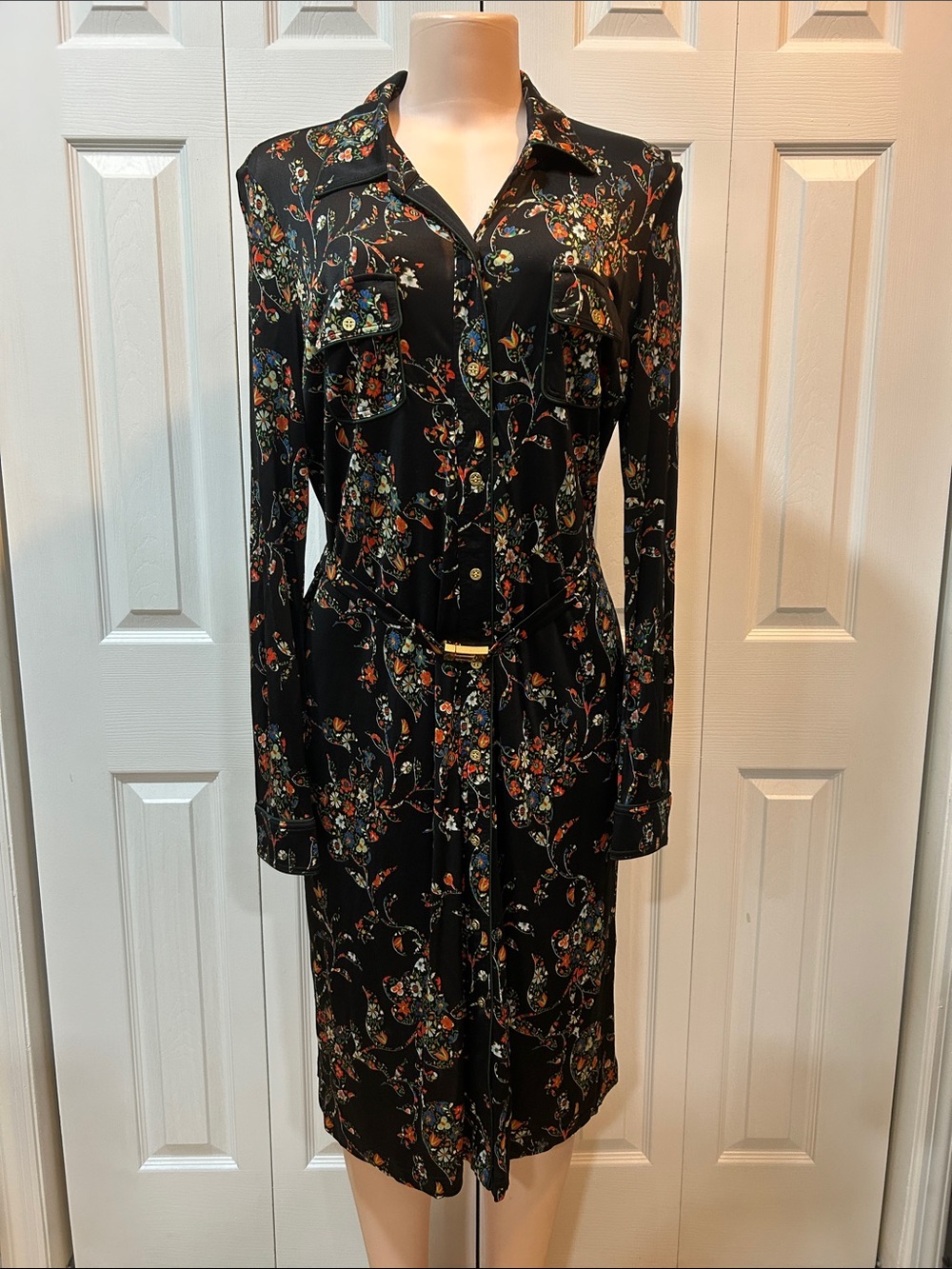 Tory Burch Black Floral Long Sleeve Shirt Dress